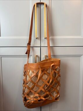 Woven Leather-Trim Tote Bag in Cognac